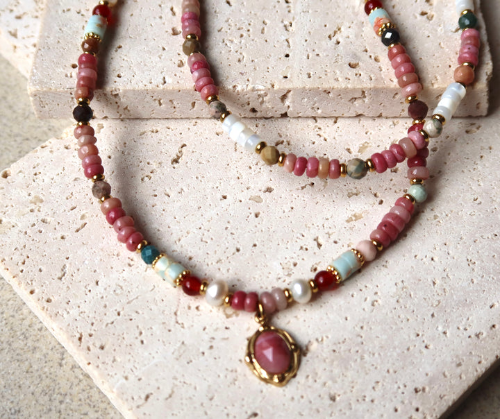 Radiant Pink Gemstone Beaded Necklace| 18k Gold Plated | Ke Jewelry Melbourne