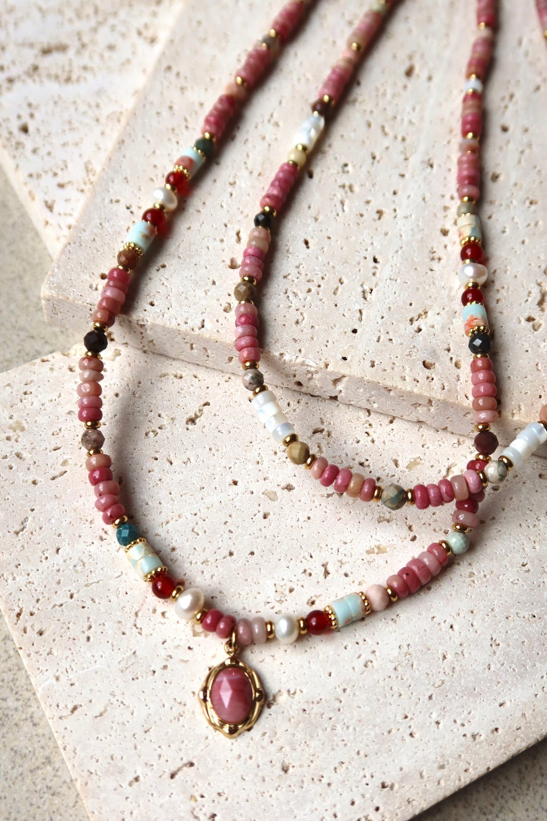 Radiant Pink Gemstone Beaded Necklace| 18k Gold Plated | Ke Jewelry Melbourne