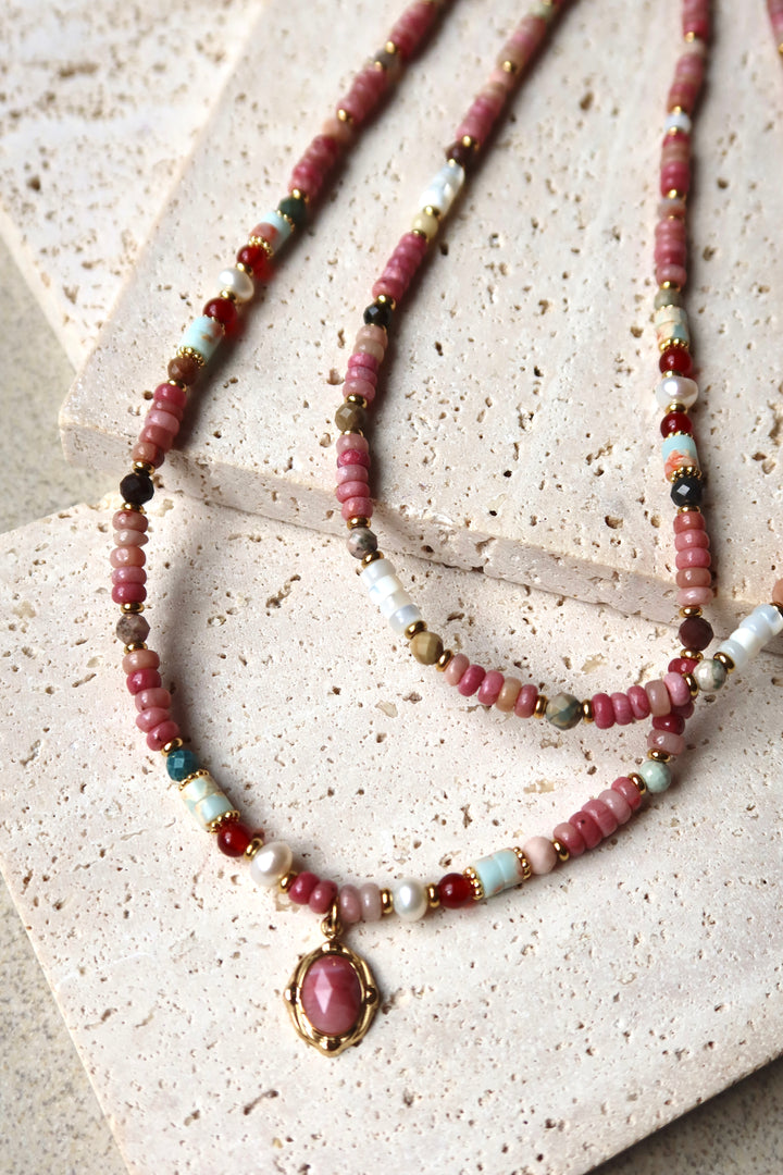 Radiant Pink Gemstone Beaded Necklace| 18k Gold Plated | Ke Jewelry Melbourne
