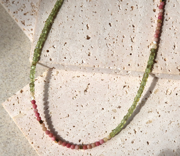 Light Summer Beaded 18K Gold Plate Necklace | Handmade with Light Green, Pink & White Stones | Ke Jewelry Melbourne