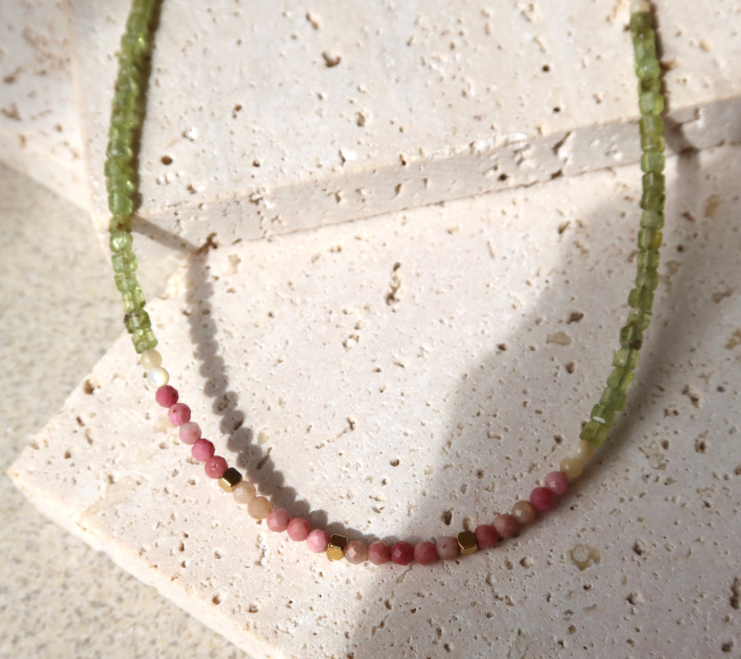 Light Summer Beaded 18K Gold Plate Necklace | Handmade with Light Green, Pink & White Stones | Ke Jewelry Melbourne