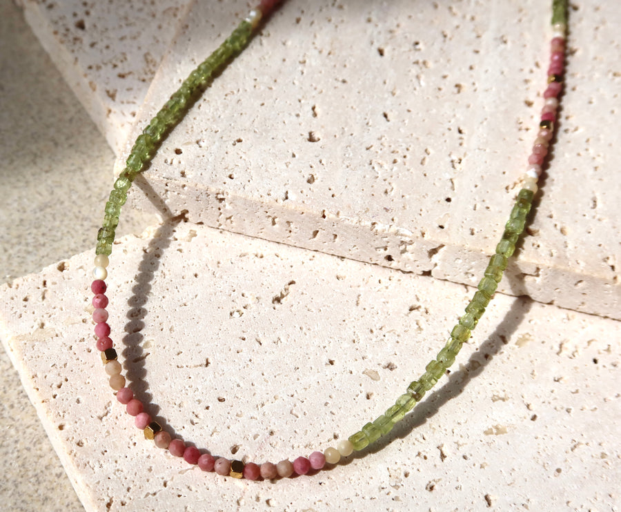 Light Summer Beaded 18K Gold Plate Necklace | Handmade with Light Green, Pink & White Stones | Ke Jewelry Melbourne