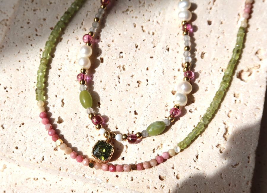 Summer Beaded 18K Gold Plate Necklace | Handmade with Light Green, Pink & White Stones | Ke Jewelry Melbourne