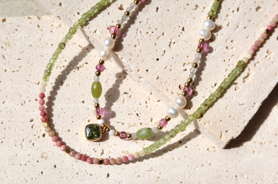 Summer Beaded 18K Gold Plate Necklace | Handmade with Light Green, Pink & White Stones | Ke Jewelry Melbourne