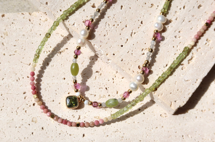 Summer Beaded 18K Gold Plate Necklace | Handmade with Light Green, Pink & White Stones | Ke Jewelry Melbourne