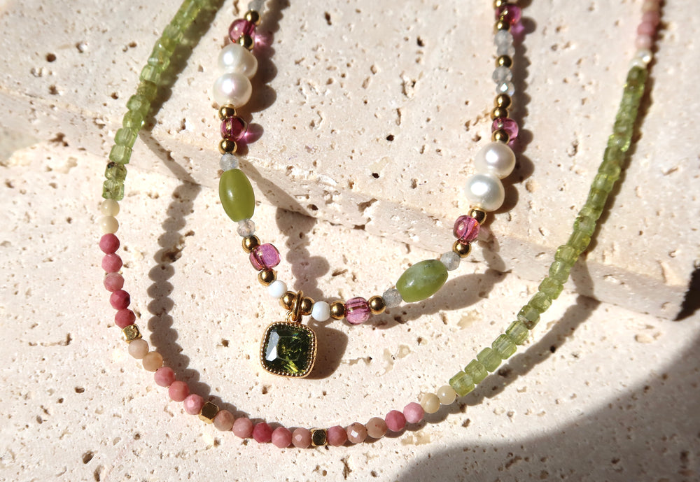 Summer Beaded 18K Gold Plate Necklace | Handmade with Light Green, Pink & White Stones | Ke Jewelry Melbourne