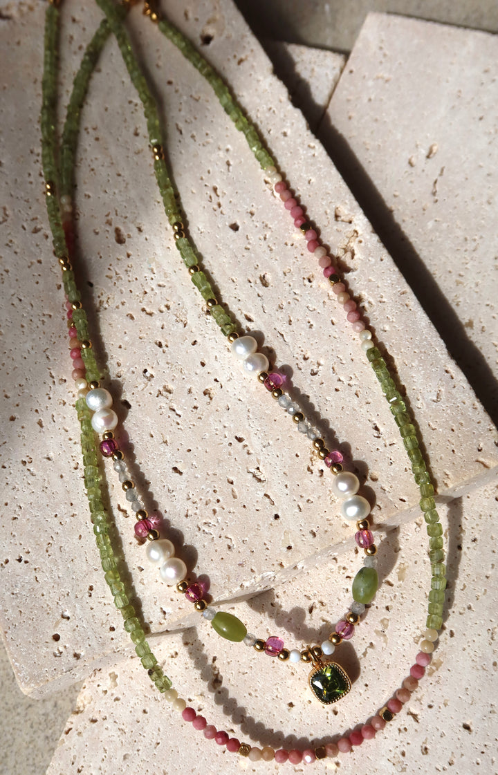 Summer Beaded 18K Gold Plate Necklace | Handmade with Light Green, Pink & White Stones | Ke Jewelry Melbourne