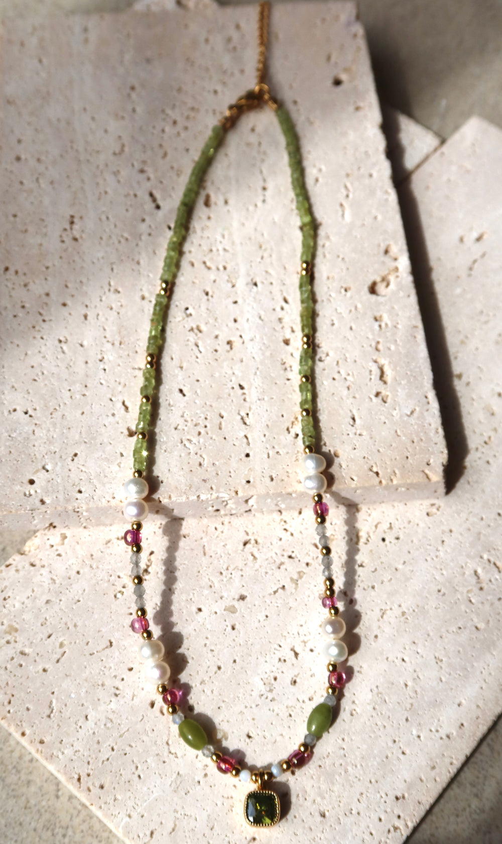 Summer Beaded 18K Gold Plate Necklace | Handmade with Light Green, Pink & White Stones | Ke Jewelry Melbourne