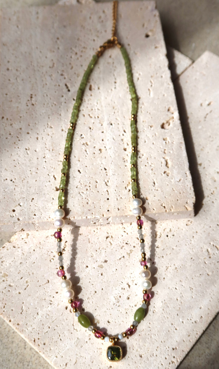 Summer Beaded 18K Gold Plate Necklace | Handmade with Light Green, Pink & White Stones | Ke Jewelry Melbourne