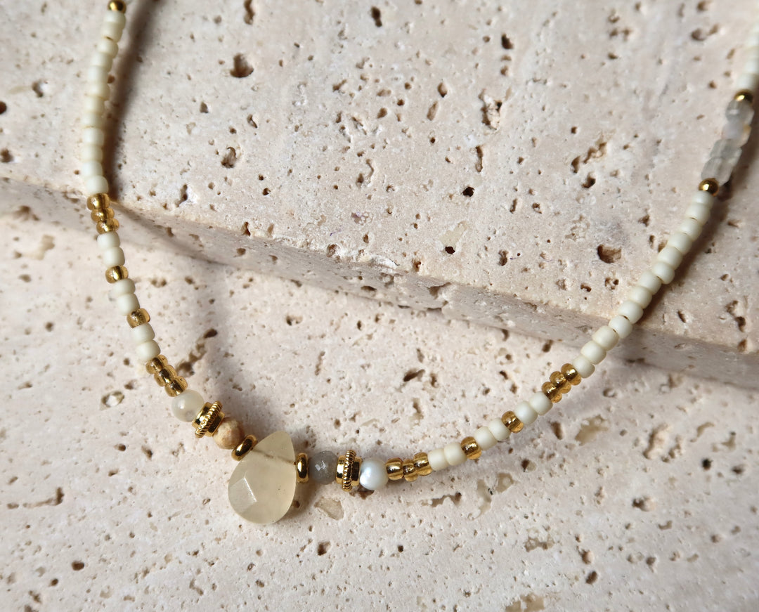 White Stone Pendant Necklace Plated in 18K Gold | Light Tone Beaded Necklace | Ke Jewelry Melbourne