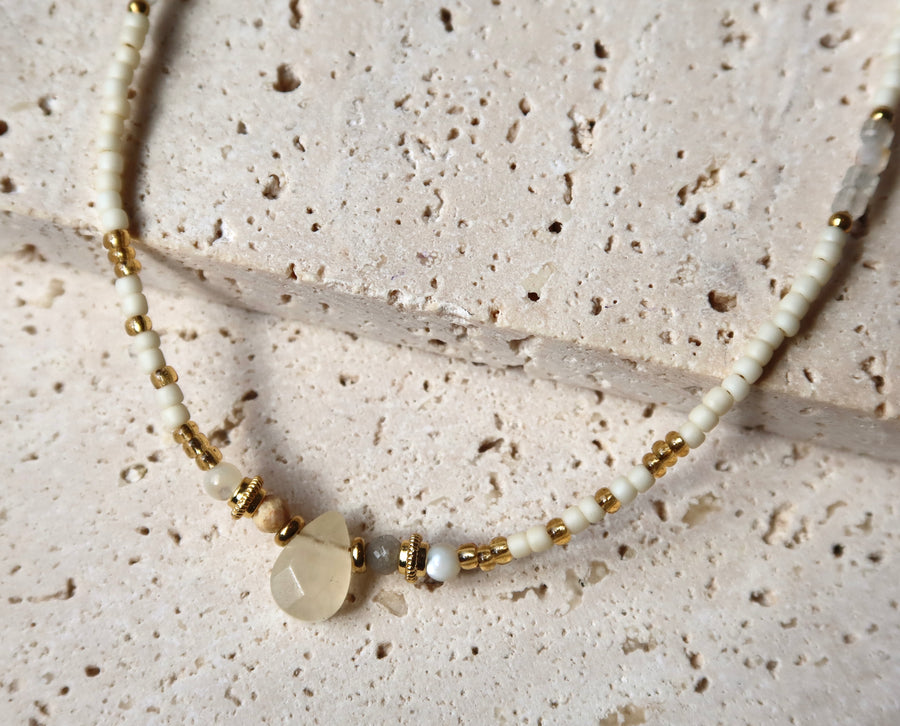 White Stone Pendant Necklace Plated in 18K Gold | Light Tone Beaded Necklace | Ke Jewelry Melbourne