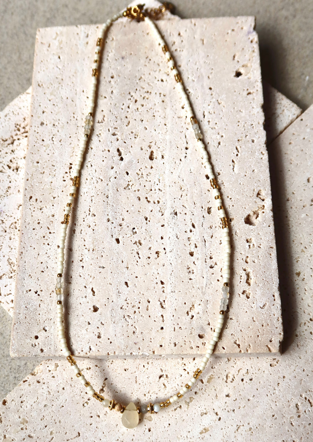 White Stone Pendant Necklace Plated in 18K Gold | Light Tone Beaded Necklace | Ke Jewelry Melbourne
