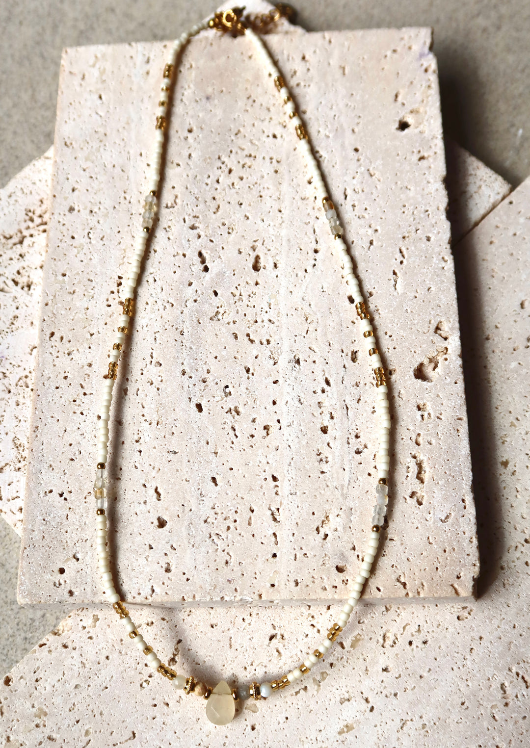 White Stone Pendant Necklace Plated in 18K Gold | Light Tone Beaded Necklace | Ke Jewelry Melbourne