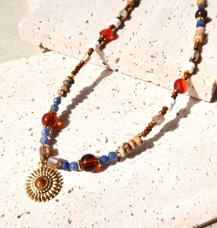 blue and amber beaded necklace, natural stone necklace, 18k gold plated jewelry, Ke Jewelry Melbourne, handmade necklace Australia, boho chic necklace, layering necklace gold, earthy tone jewelry, artisan jewelry Melbourne