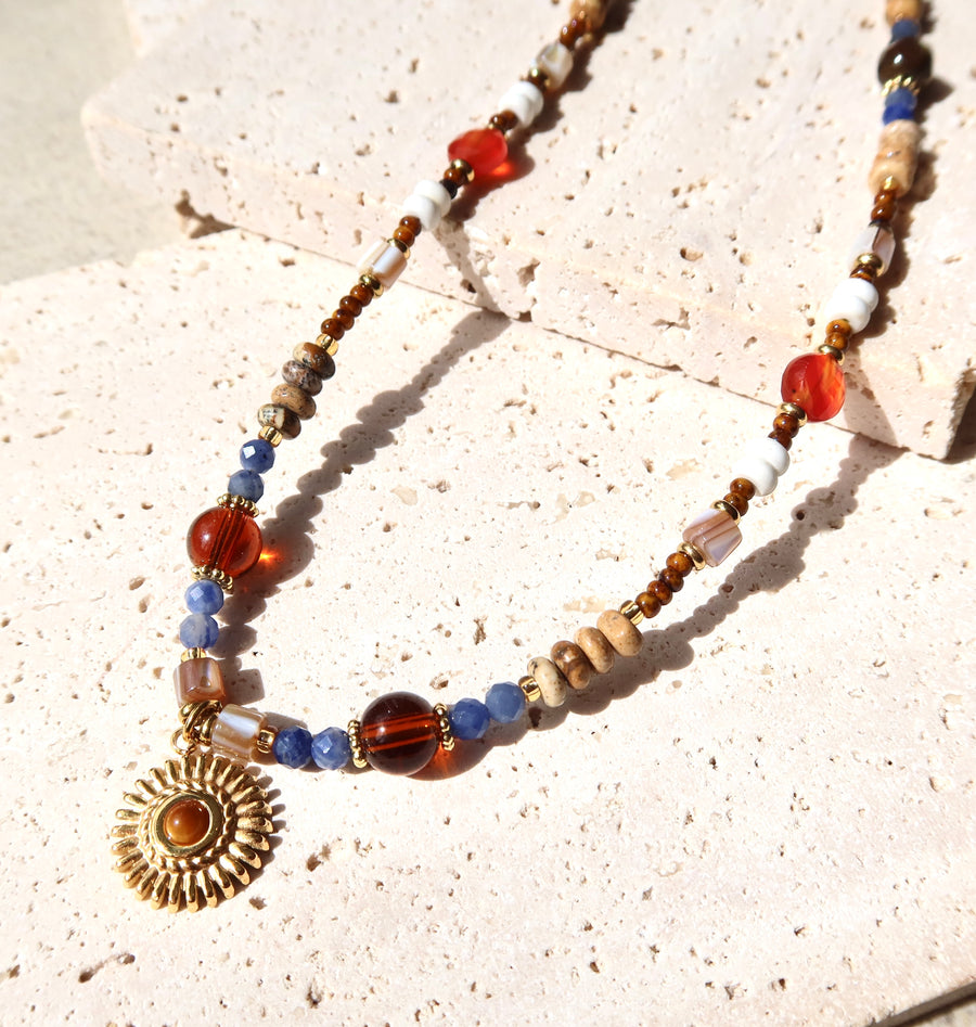 blue and amber beaded necklace, natural stone necklace, 18k gold plated jewelry, Ke Jewelry Melbourne, handmade necklace Australia, boho chic necklace, layering necklace gold, earthy tone jewelry, artisan jewelry Melbourne