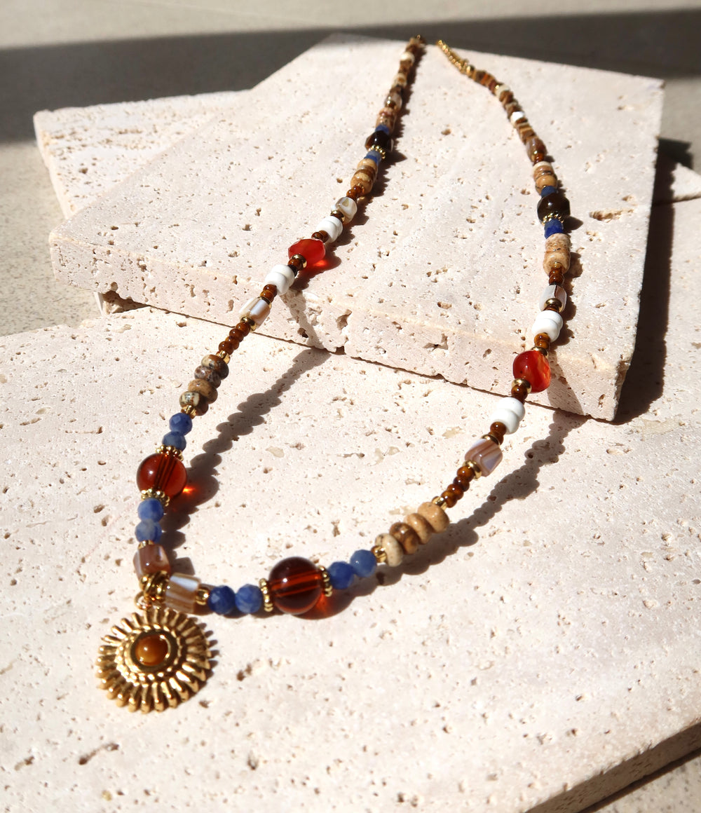 blue and amber beaded necklace, natural stone necklace, 18k gold plated jewelry, Ke Jewelry Melbourne, handmade necklace Australia, boho chic necklace, layering necklace gold, earthy tone jewelry, artisan jewelry Melbourne