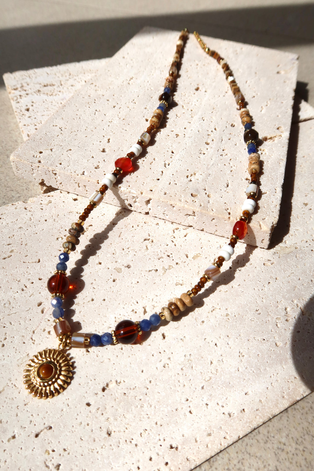 blue and amber beaded necklace, natural stone necklace, 18k gold plated jewelry, Ke Jewelry Melbourne, handmade necklace Australia, boho chic necklace, layering necklace gold, earthy tone jewelry, artisan jewelry Melbourne