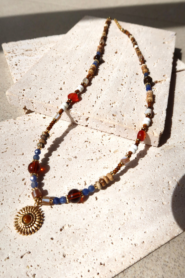 blue and amber beaded necklace, natural stone necklace, 18k gold plated jewelry, Ke Jewelry Melbourne, handmade necklace Australia, boho chic necklace, layering necklace gold, earthy tone jewelry, artisan jewelry Melbourne