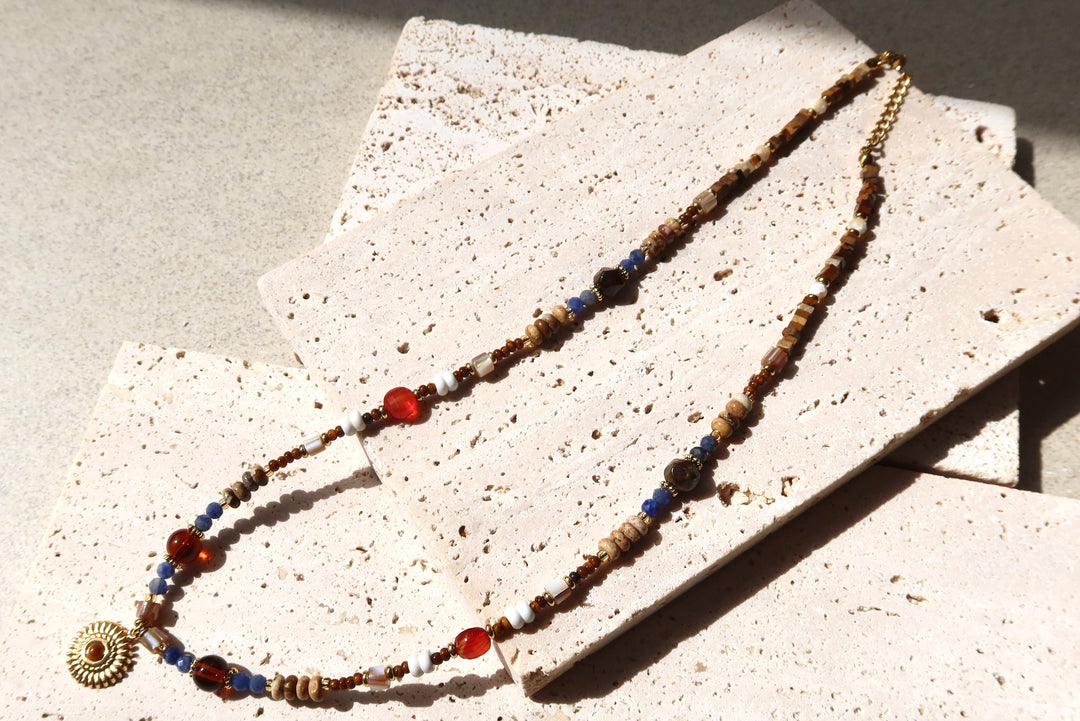 blue and amber beaded necklace, natural stone necklace, 18k gold plated jewelry, Ke Jewelry Melbourne, handmade necklace Australia, boho chic necklace, layering necklace gold, earthy tone jewelry, artisan jewelry Melbourne