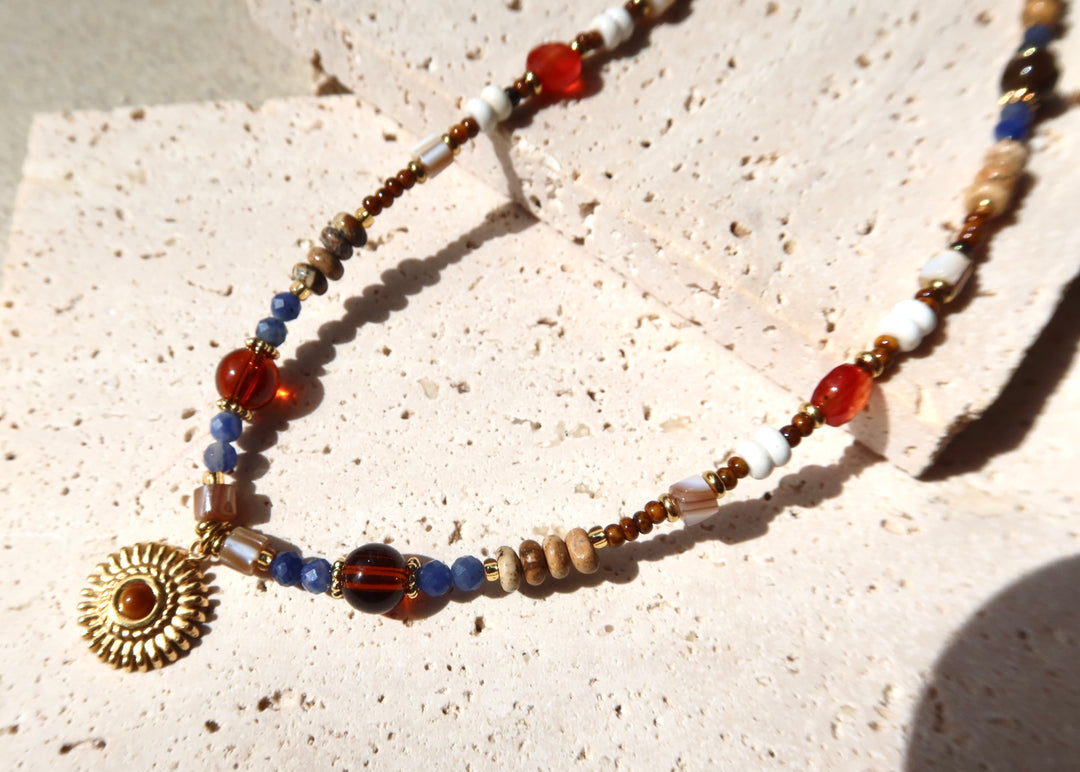 blue and amber beaded necklace, natural stone necklace, 18k gold plated jewelry, Ke Jewelry Melbourne, handmade necklace Australia, boho chic necklace, layering necklace gold, earthy tone jewelry, artisan jewelry Melbourne