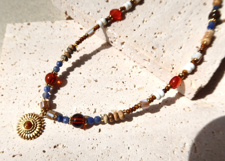 blue and amber beaded necklace, natural stone necklace, 18k gold plated jewelry, Ke Jewelry Melbourne, handmade necklace Australia, boho chic necklace, layering necklace gold, earthy tone jewelry, artisan jewelry Melbourne