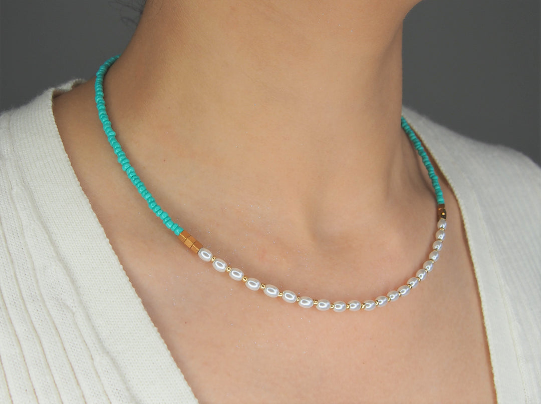 Turquoise Cyan Beaded Natural Gemstone and freshwater Pearls Necklace