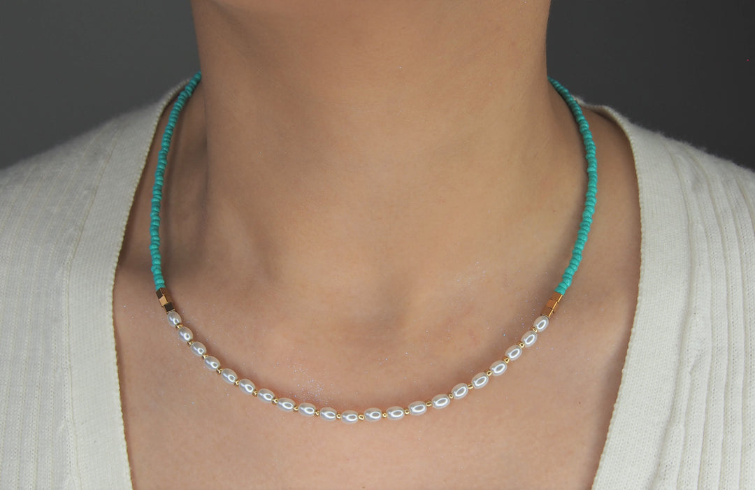 Turquoise Cyan Beaded Natural Gemstone and freshwater Pearls Necklace