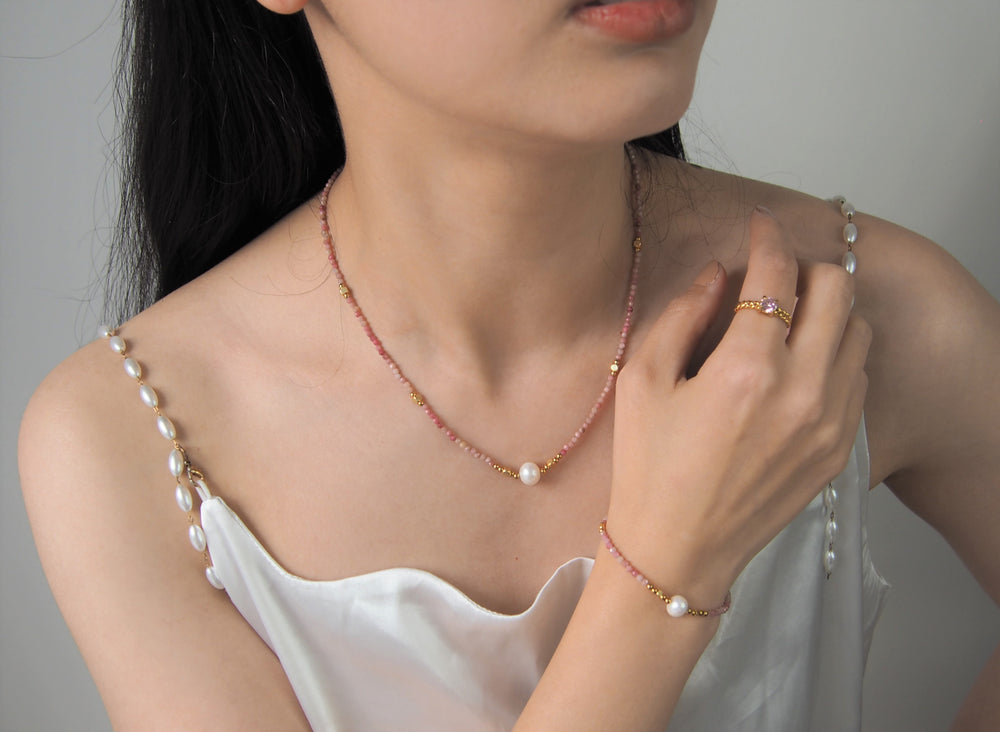 Ke Jewelry beaded Pink Rhodonite Gemstone Freshwater Pearl Bracelet