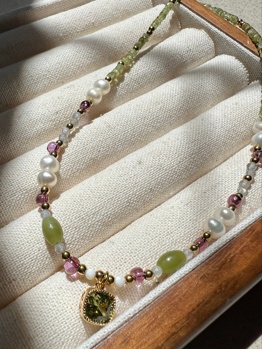 Summer Beaded 18K Gold Plate Necklace | Handmade with Light Green, Pink & White Stones | Ke Jewelry Melbourne