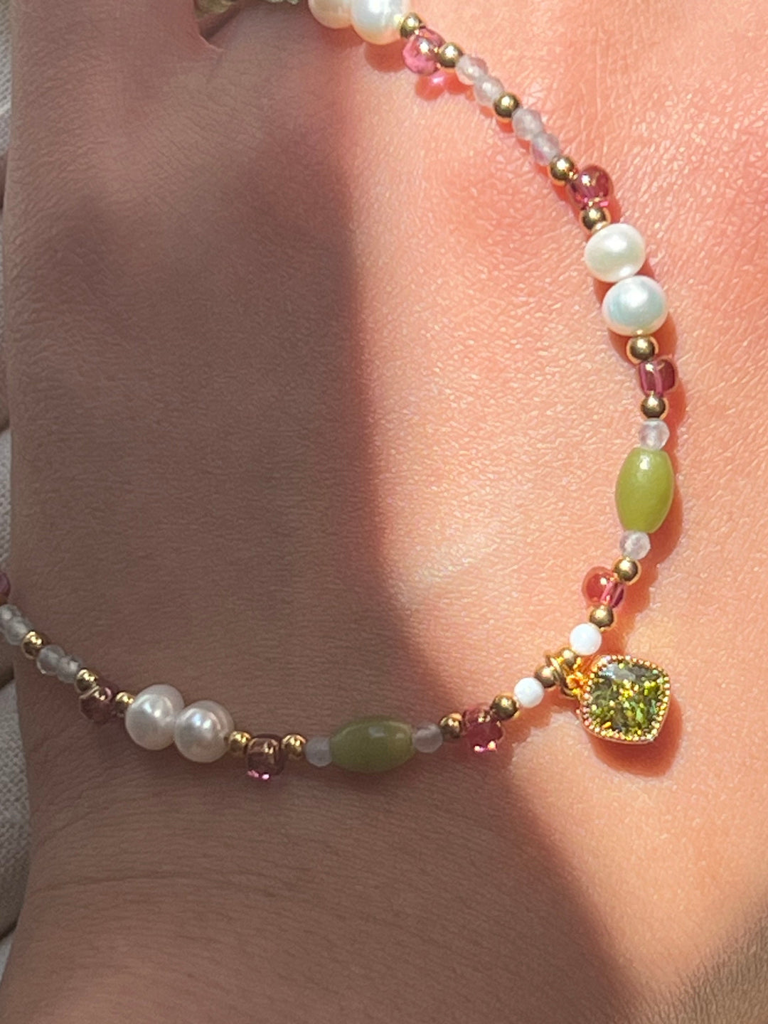 summer Beaded 18K Gold Plate Necklace | Handmade with Light Green, Pink & White Stones | Ke Jewelry Melbourne