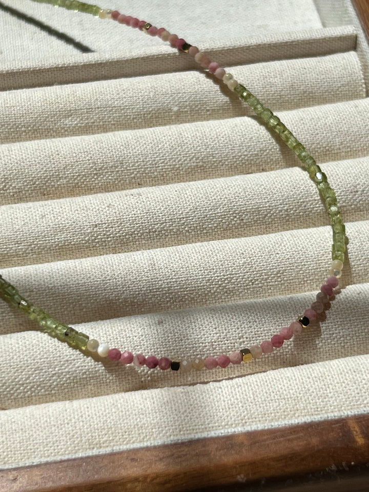 Summer Beaded 18K Gold Plate Necklace | Handmade with Light Green, Pink & White Stones | Ke Jewelry Melbourne