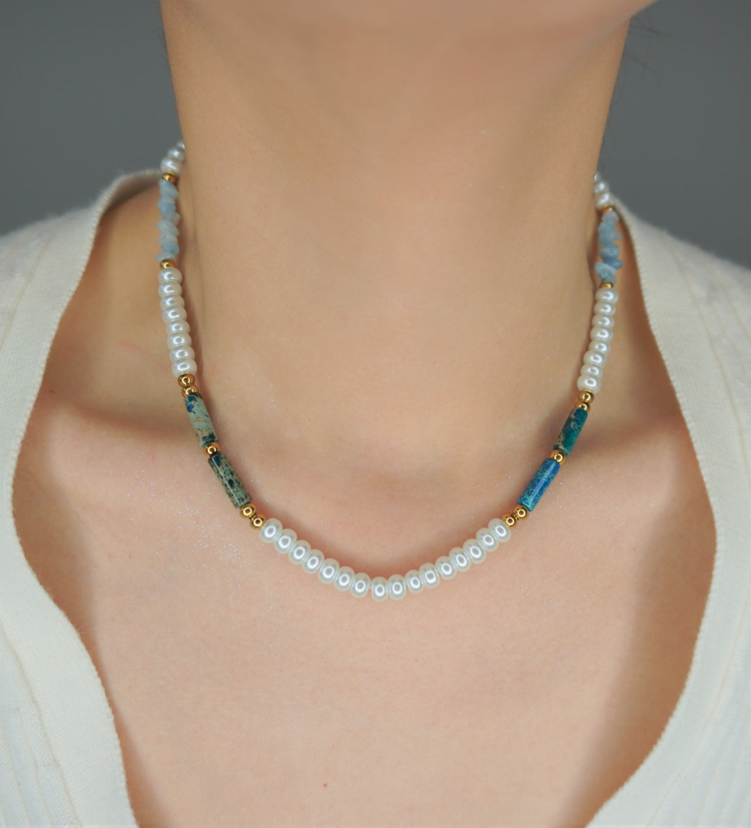 Ke Jewelry beaded blue natural stone Regal Emperor Pine Blue Gemstone and Freshwater Pearl Necklace