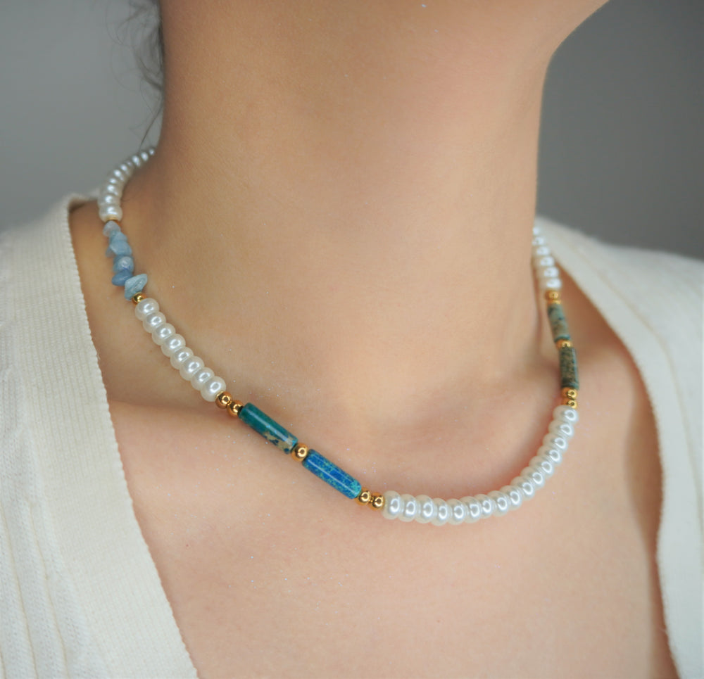 Ke Jewelry beaded blue natural stone Regal Emperor Pine Blue Gemstone and Freshwater Pearl Necklace