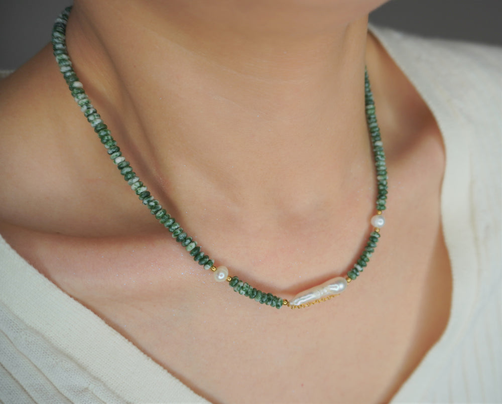 Ke Jewelry Green Agate Gemstone Freshwater Pearl plated with 18k gold  Necklace