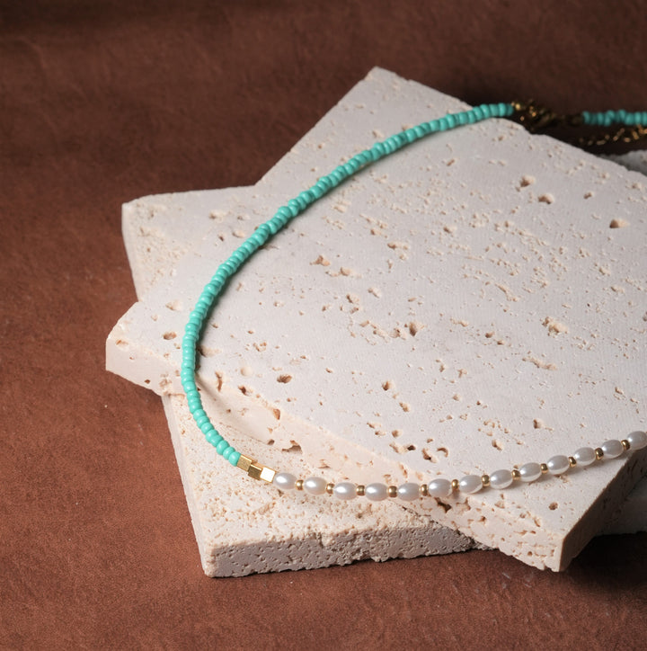 Turquoise Cyan Beaded Natural Gemstone and freshwater Pearls Necklace 