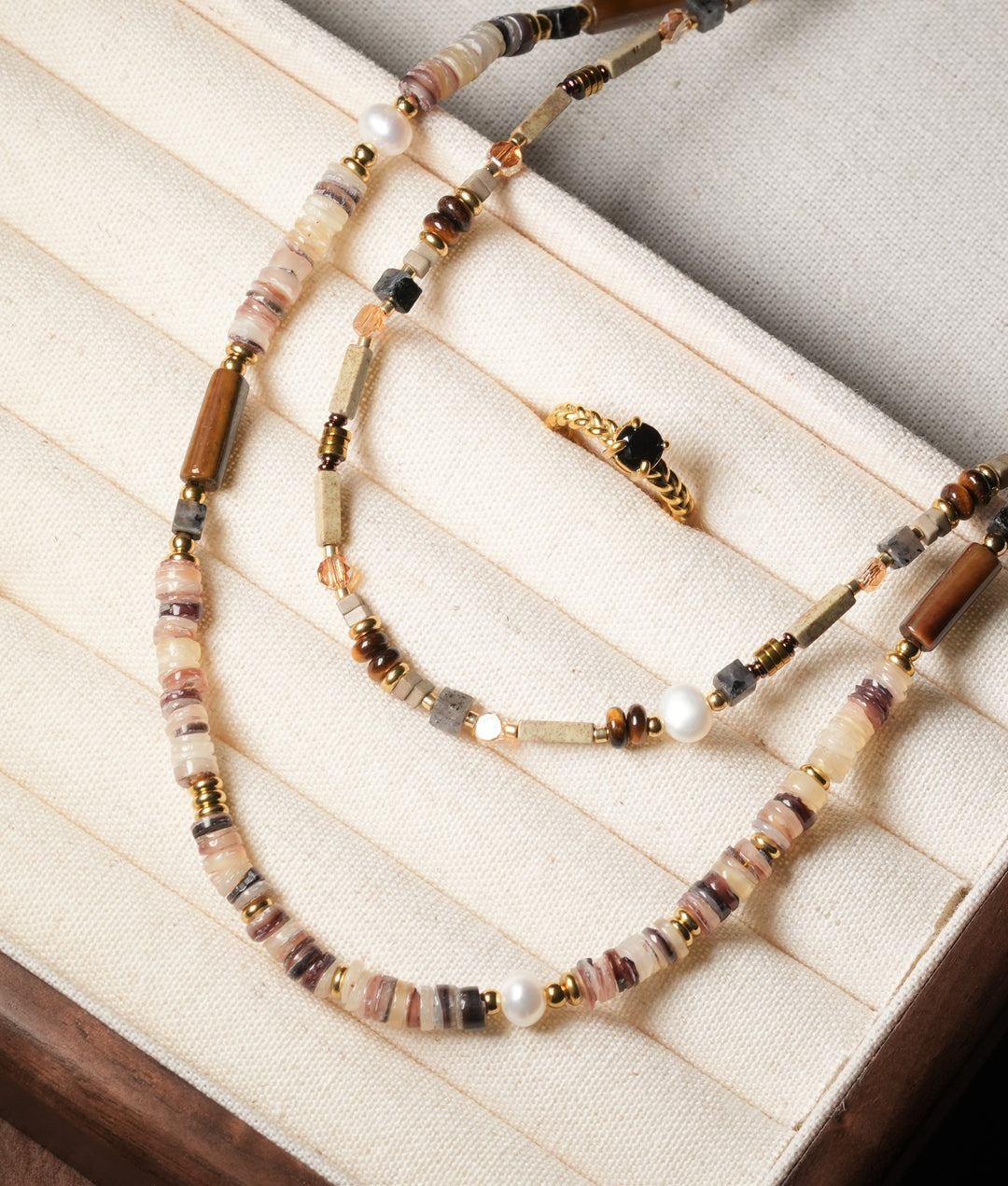 Amber-Toned Gemstone Bead Freshwater Pearl 18k Gold Plate Necklace