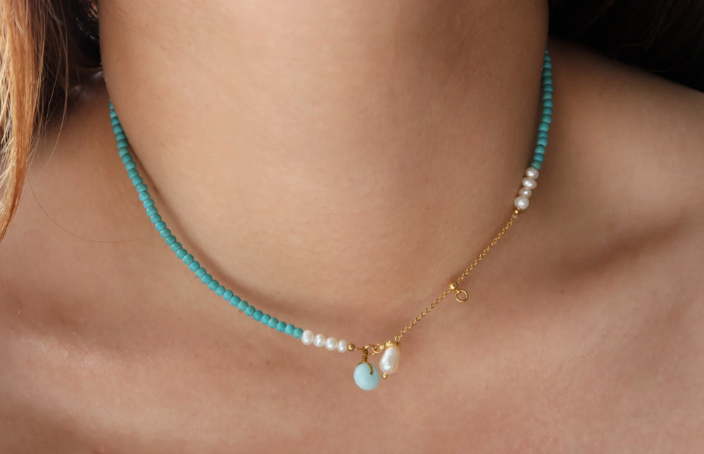 Ke Jewelry Turquoise Gemstone Freshwater Pearl 18k Gold Plate Necklace