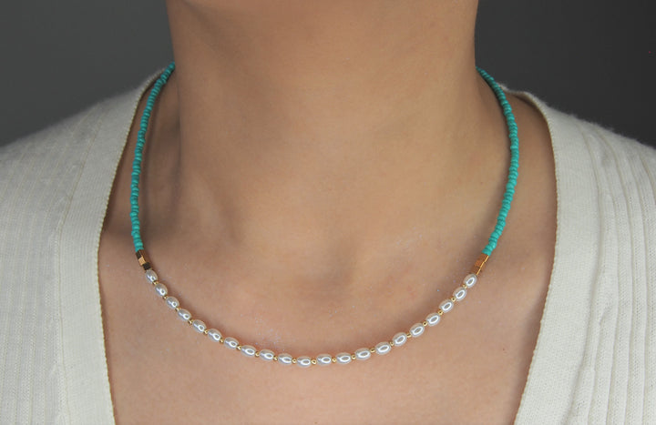 Turquoise Cyan Beaded Natural Gemstone and freshwater Pearls Necklace 