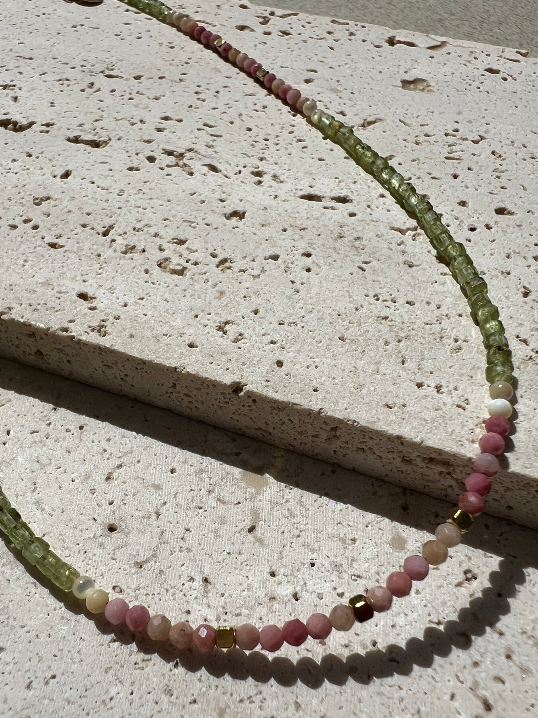 Summer Beaded 18K Gold Plate Necklace | Handmade with Light Green, Pink & White Stones | Ke Jewelry Melbourne