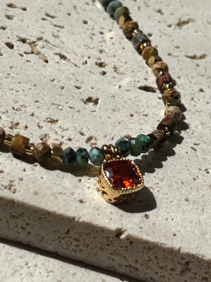 Ruby Gemstone Square Pendant Necklace Plated in 18K Gold | Earthy Tone Beaded Necklace | Ke Jewelry Melbourne