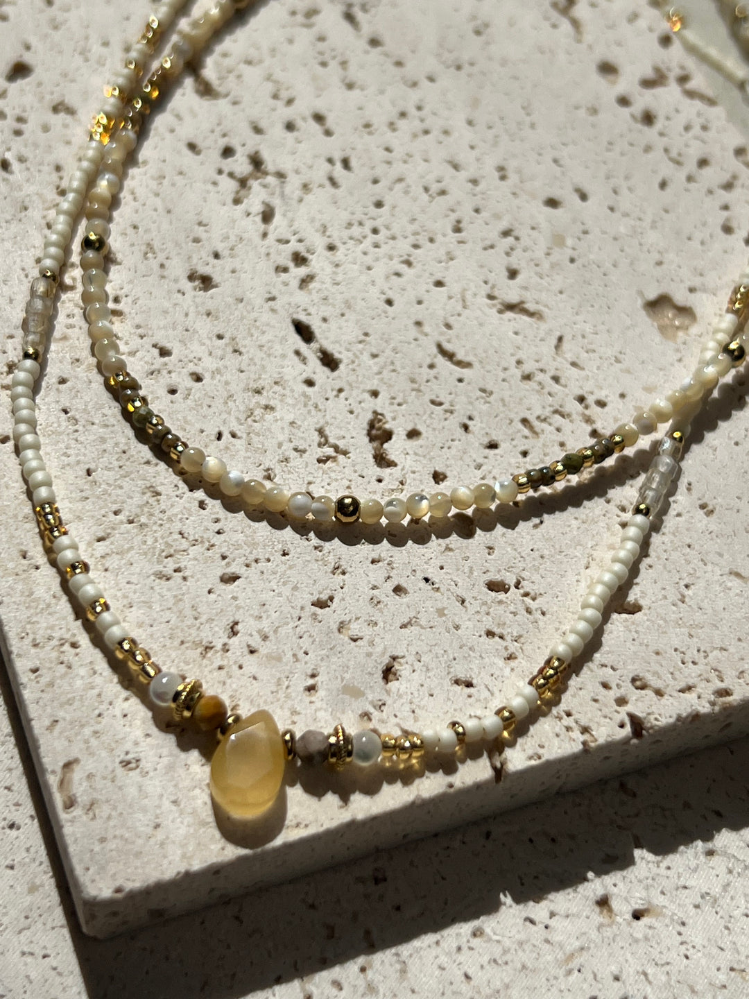 White Stone Pendant Necklace Plated in 18K Gold | Light Tone Beaded Necklace | Ke Jewelry Melbourne