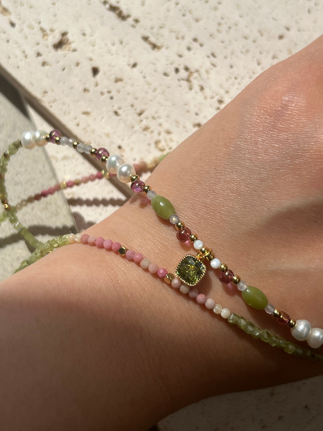 Summer Beaded 18K Gold Plate Necklace | Handmade with Light Green, Pink & White Stones | Ke Jewelry Melbourne